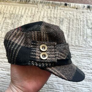 D&Y Brown and Black Plaid Cadet Cap with Button Detail